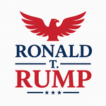 Ronald Rump's logo of a bald red eagle (colored red) with its wings spread over the words Ronald T. Rump