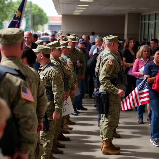 AI generated image of American National Guardsman/women stationed outside a poling station on election day