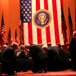 Members of congress bowing and praying in front of the Stars and Stripes flag